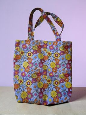 Handmade Retro Floral Tote Bag | Bright Colorful Daisy Print | Boho Market Bag